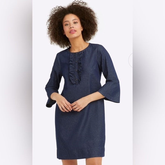 Draper James Chambray Ruffled Dark Denim 100% Cotton Shift Dress Size 10 - Picture 5 of 10